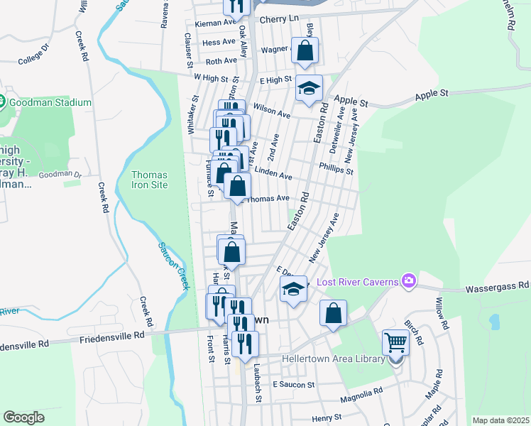 map of restaurants, bars, coffee shops, grocery stores, and more near 1066 2nd Avenue in Hellertown