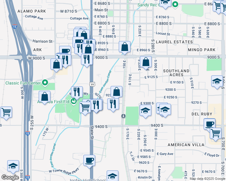 map of restaurants, bars, coffee shops, grocery stores, and more near 83 9230 South in Sandy