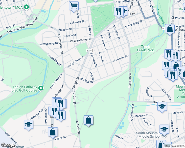 map of restaurants, bars, coffee shops, grocery stores, and more near 1315 South 11th Street in Allentown