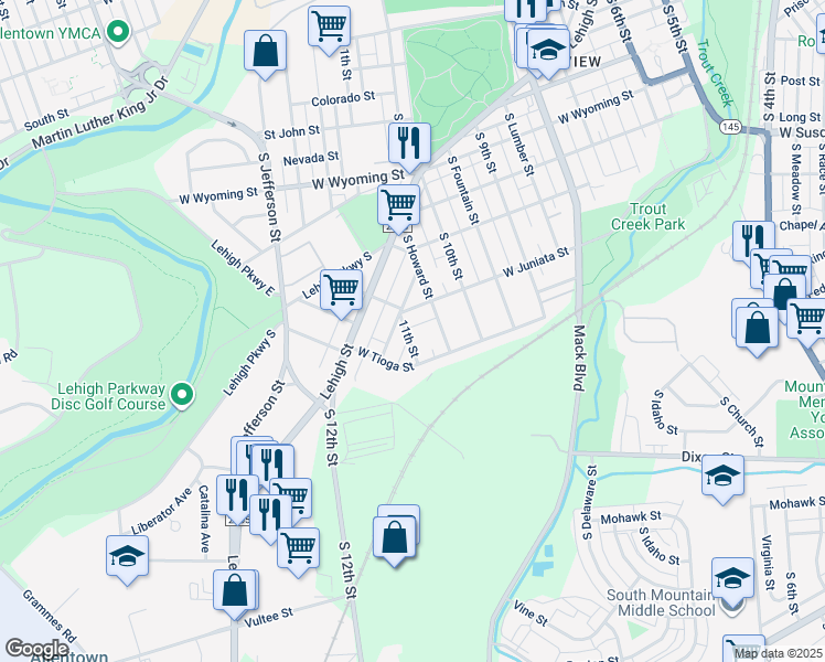 map of restaurants, bars, coffee shops, grocery stores, and more near 1315 South 11th Street in Allentown