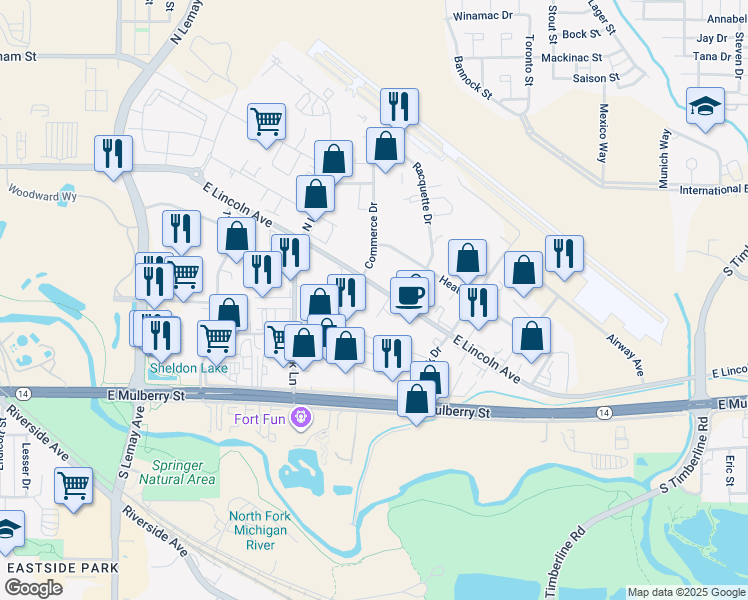 map of restaurants, bars, coffee shops, grocery stores, and more near 228 Lincoln Ct in Fort Collins