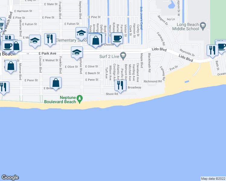 map of restaurants, bars, coffee shops, grocery stores, and more near 750 Shore Road in Long Beach