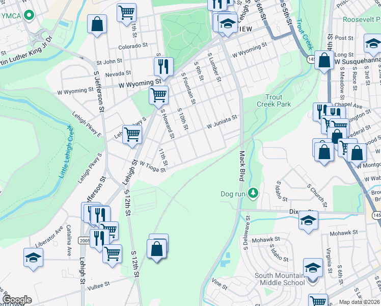 map of restaurants, bars, coffee shops, grocery stores, and more near 958 West Tioga Street in Allentown