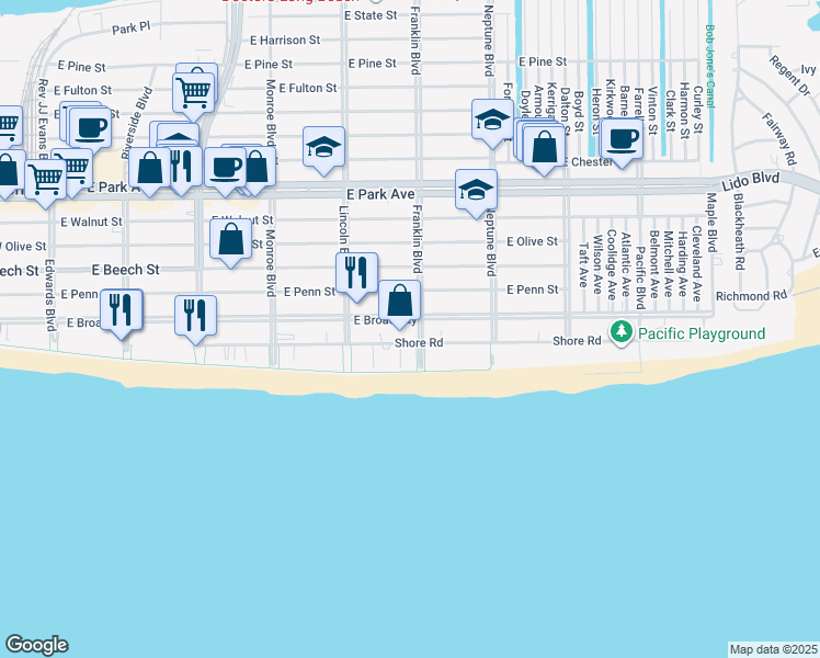 map of restaurants, bars, coffee shops, grocery stores, and more near 25 Franklin Boulevard in Long Beach
