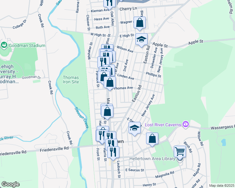 map of restaurants, bars, coffee shops, grocery stores, and more near 1071 1st Avenue in Hellertown