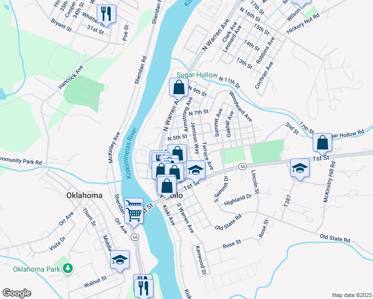 map of restaurants, bars, coffee shops, grocery stores, and more near 224 Armstrong Avenue in Apollo