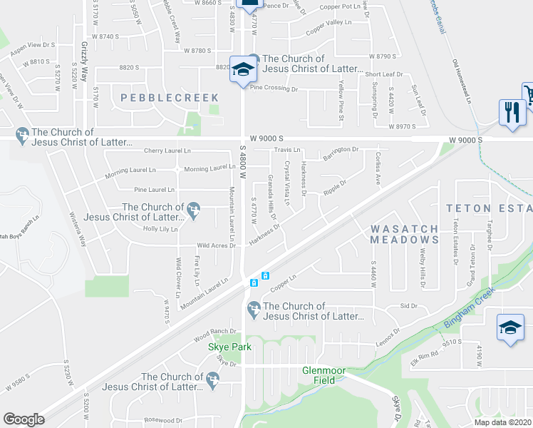 map of restaurants, bars, coffee shops, grocery stores, and more near 9188 Granada Hills Drive in West Jordan