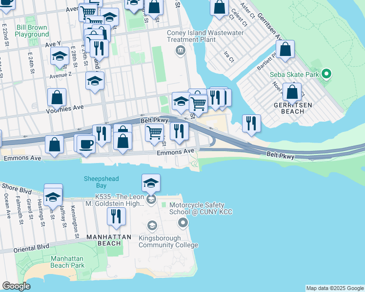 map of restaurants, bars, coffee shops, grocery stores, and more near 3205 Emmons Avenue in Brooklyn