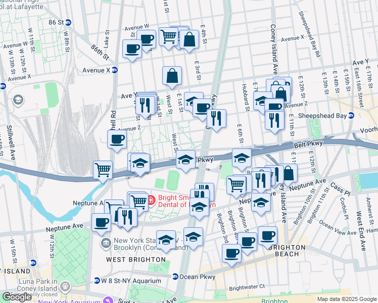 map of restaurants, bars, coffee shops, grocery stores, and more near 2615 Shore Parkway in Brooklyn