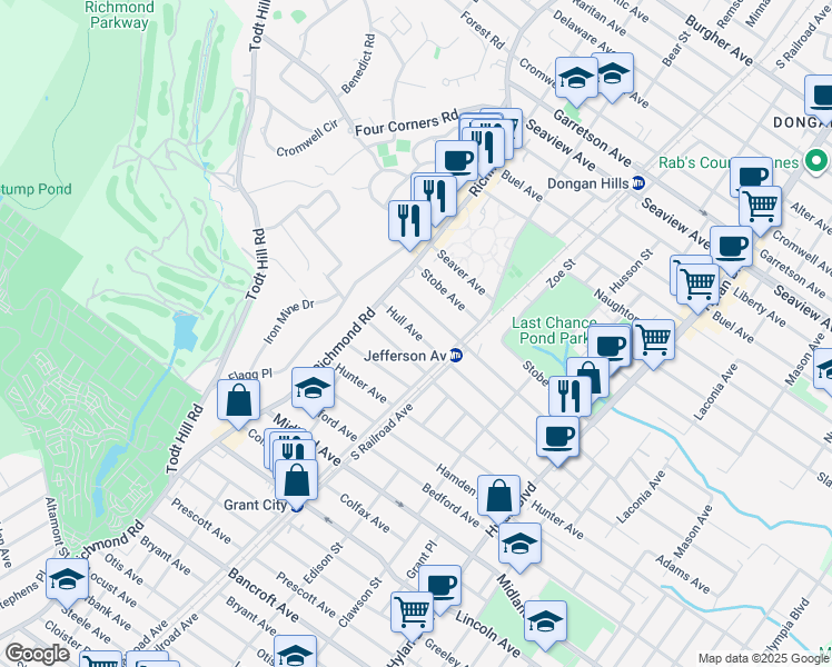 map of restaurants, bars, coffee shops, grocery stores, and more near 50 Hull Avenue in Staten Island