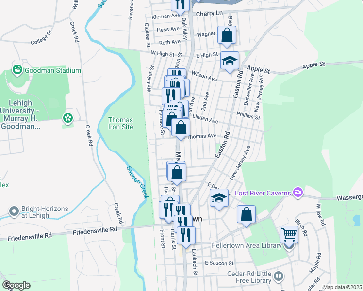 map of restaurants, bars, coffee shops, grocery stores, and more near 1071 Main Street in Hellertown