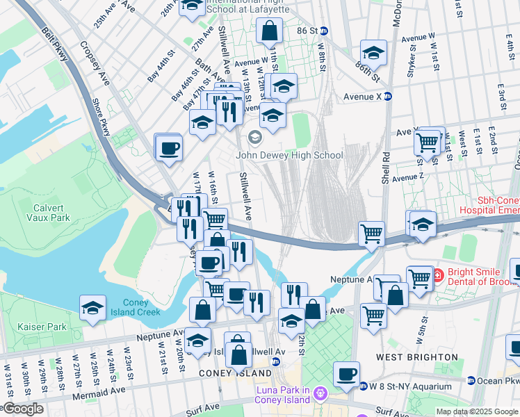 map of restaurants, bars, coffee shops, grocery stores, and more near 2615 West 13th Street in Brooklyn