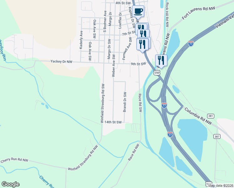 map of restaurants, bars, coffee shops, grocery stores, and more near 1242 Brandi Drive Southwest in Strasburg