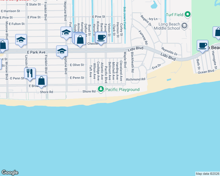 map of restaurants, bars, coffee shops, grocery stores, and more near 1 Pacific Boulevard in Long Beach