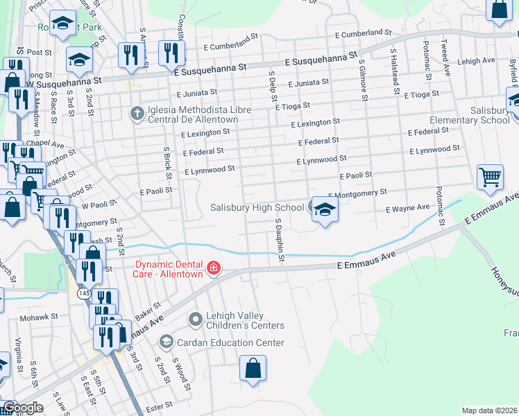 map of restaurants, bars, coffee shops, grocery stores, and more near 311 East Wayne Avenue in Allentown