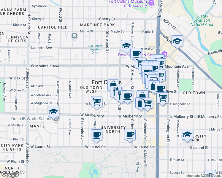 map of restaurants, bars, coffee shops, grocery stores, and more near 300 South Sherwood Street in Fort Collins