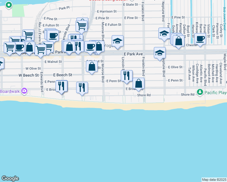map of restaurants, bars, coffee shops, grocery stores, and more near 325 Shore Road in Long Beach