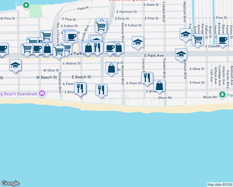 map of restaurants, bars, coffee shops, grocery stores, and more near 271 Shore Road in Long Beach