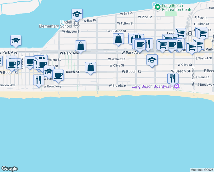 map of restaurants, bars, coffee shops, grocery stores, and more near 438 West Broadway in Long Beach