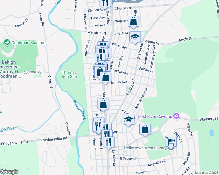 map of restaurants, bars, coffee shops, grocery stores, and more near 1052 1st Avenue in Hellertown