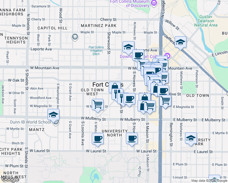 map of restaurants, bars, coffee shops, grocery stores, and more near 300 South Sherwood Street in Fort Collins