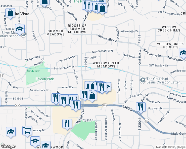 map of restaurants, bars, coffee shops, grocery stores, and more near 2047 Village Point Way in Sandy
