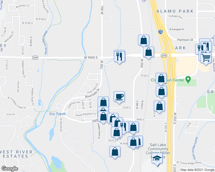 map of restaurants, bars, coffee shops, grocery stores, and more near 623 West Jefferson Place in Sandy