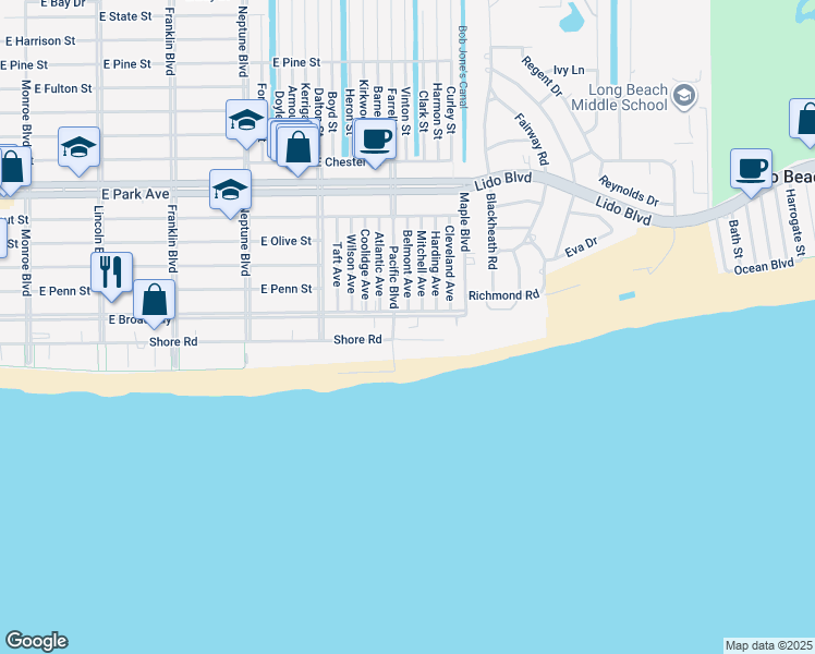 map of restaurants, bars, coffee shops, grocery stores, and more near 1 Pacific Boulevard in Long Beach
