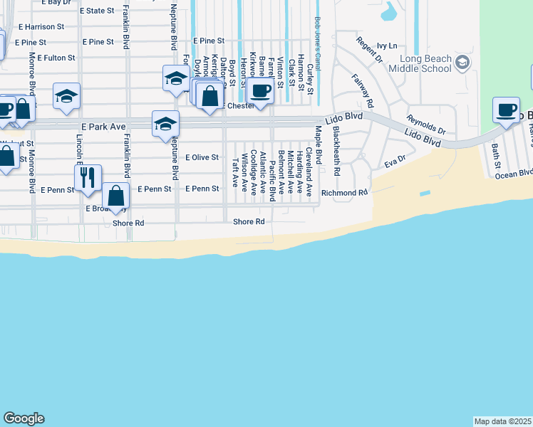 map of restaurants, bars, coffee shops, grocery stores, and more near 1 Pacific Boulevard in Long Beach