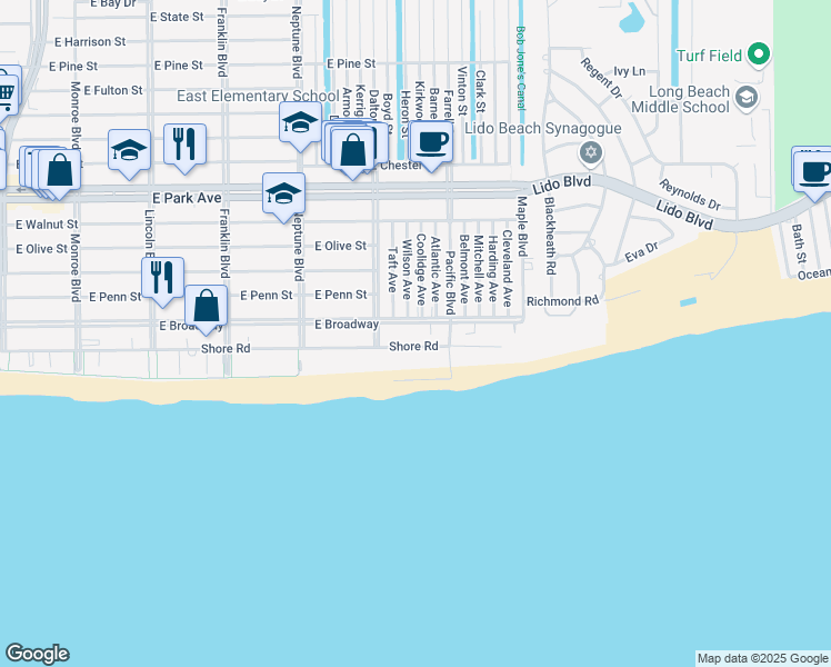 map of restaurants, bars, coffee shops, grocery stores, and more near 750 Shore Road in Long Beach