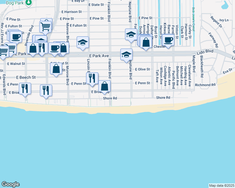 map of restaurants, bars, coffee shops, grocery stores, and more near 515 Shore Road in Long Beach
