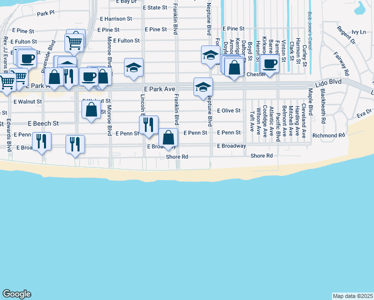 map of restaurants, bars, coffee shops, grocery stores, and more near 515 Shore Road in Long Beach
