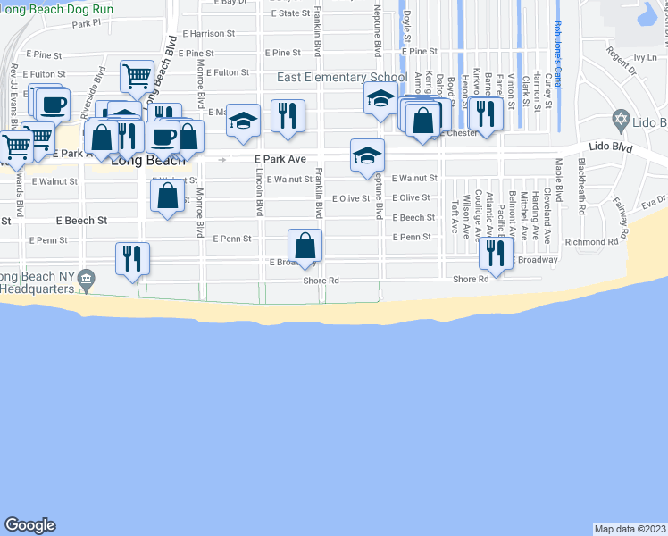 map of restaurants, bars, coffee shops, grocery stores, and more near 515 Shore Road in Long Beach