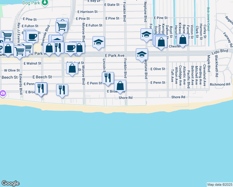 map of restaurants, bars, coffee shops, grocery stores, and more near 420s Shore Road in Long Beach