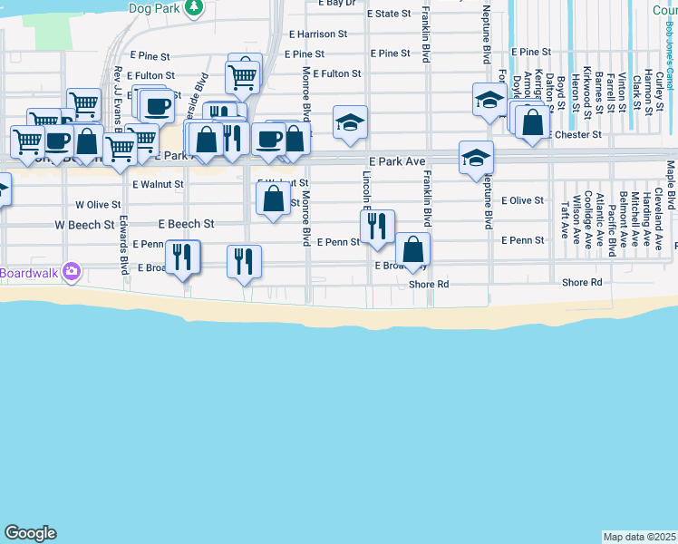 map of restaurants, bars, coffee shops, grocery stores, and more near 325 Shore Road in Long Beach