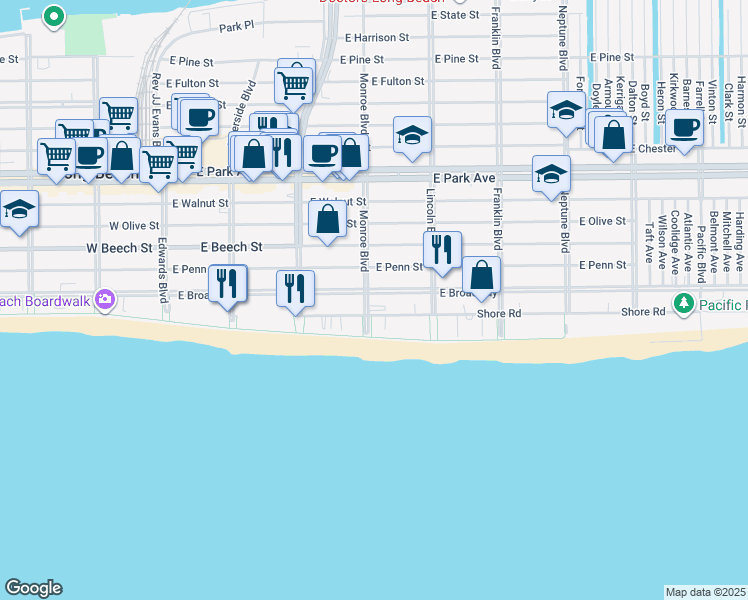 map of restaurants, bars, coffee shops, grocery stores, and more near 325 Shore Road in Long Beach