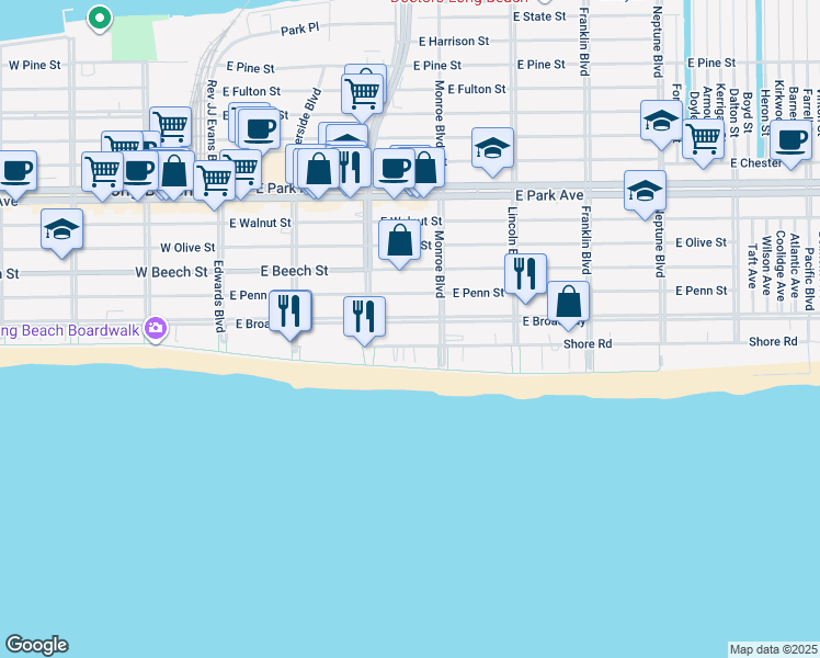map of restaurants, bars, coffee shops, grocery stores, and more near 271 Shore Road in Long Beach