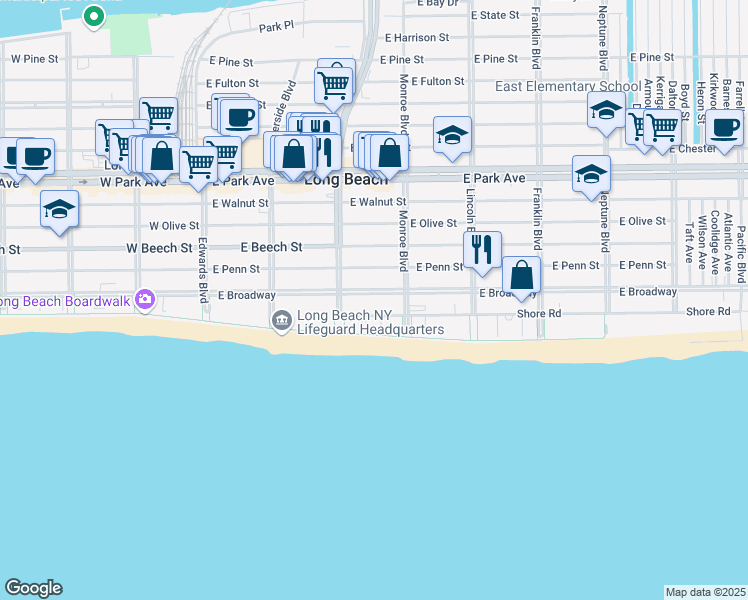 map of restaurants, bars, coffee shops, grocery stores, and more near 271 Shore Road in Long Beach