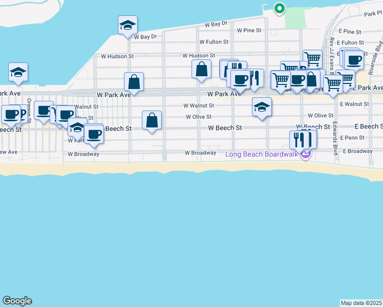 map of restaurants, bars, coffee shops, grocery stores, and more near 408 Oceanfront in Long Beach