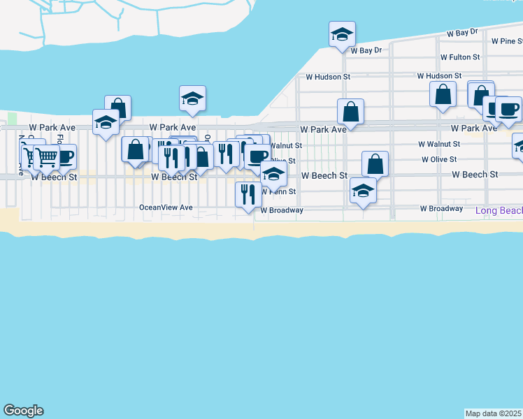 map of restaurants, bars, coffee shops, grocery stores, and more near 750 West Broadway in Long Beach