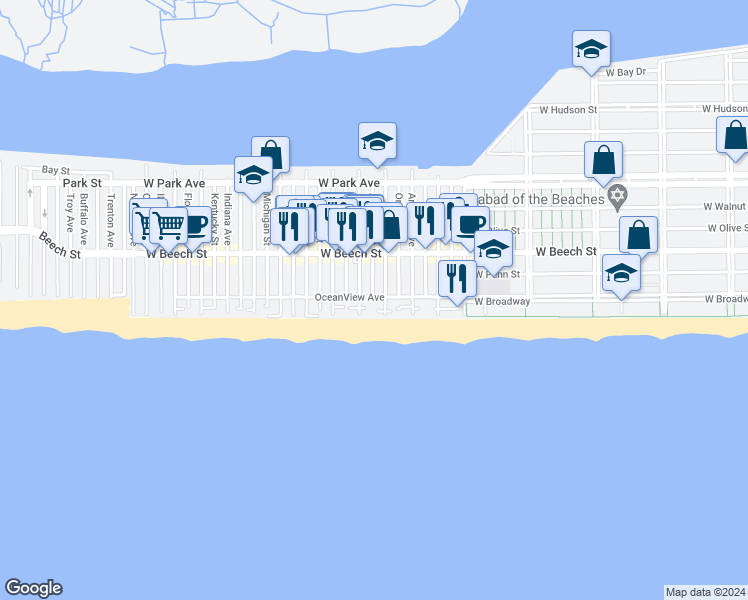 map of restaurants, bars, coffee shops, grocery stores, and more near 879 Boardwalk in Long Beach