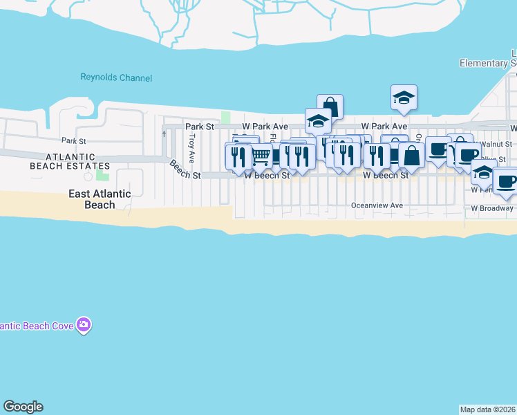 map of restaurants, bars, coffee shops, grocery stores, and more near 1089 Oceanfront in East Atlantic Beach