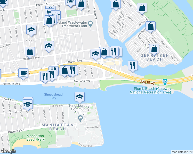 map of restaurants, bars, coffee shops, grocery stores, and more near 3218 Emmons Avenue in Brooklyn
