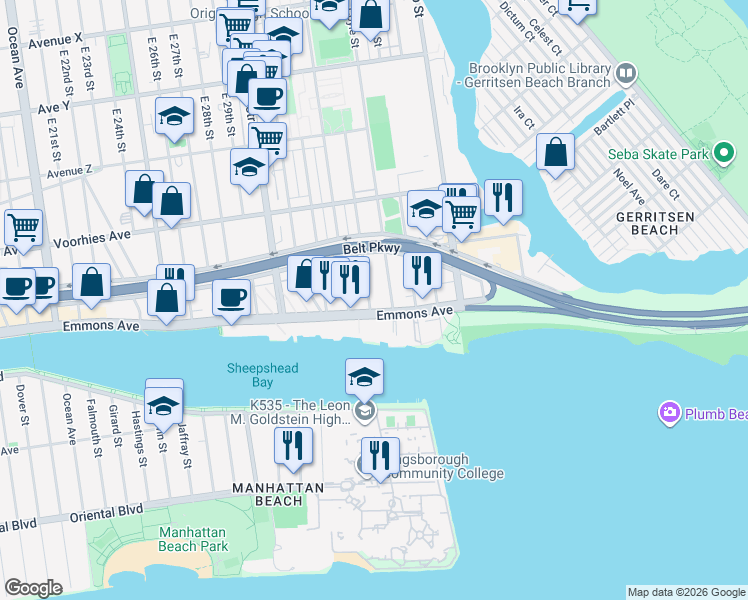 map of restaurants, bars, coffee shops, grocery stores, and more near 3136A Emmons Avenue in Brooklyn