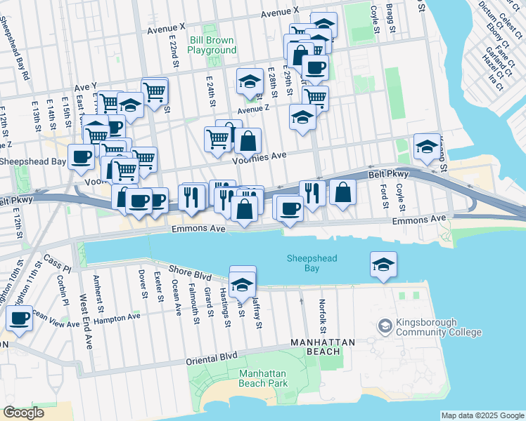 map of restaurants, bars, coffee shops, grocery stores, and more near 2601 Emmons Avenue in Brooklyn