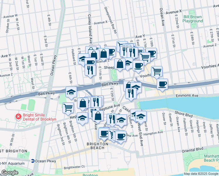 map of restaurants, bars, coffee shops, grocery stores, and more near 1147 Banner Avenue in Brooklyn