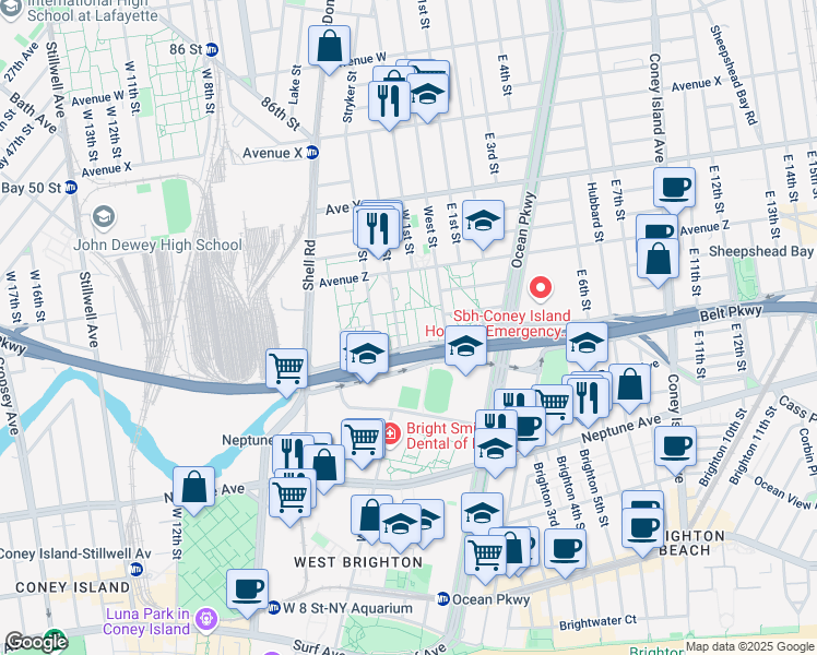 map of restaurants, bars, coffee shops, grocery stores, and more near 19 Shore Parkway in Brooklyn