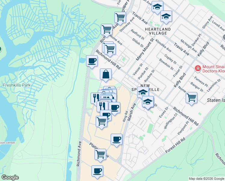map of restaurants, bars, coffee shops, grocery stores, and more near 112 Richmond Hill Road in Staten Island