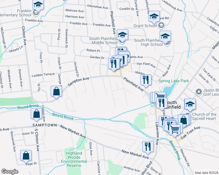 map of restaurants, bars, coffee shops, grocery stores, and more near 123 Dunham Avenue in South Plainfield