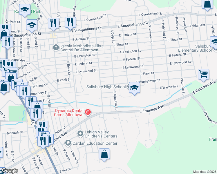 map of restaurants, bars, coffee shops, grocery stores, and more near 311 East Wayne Avenue in Allentown